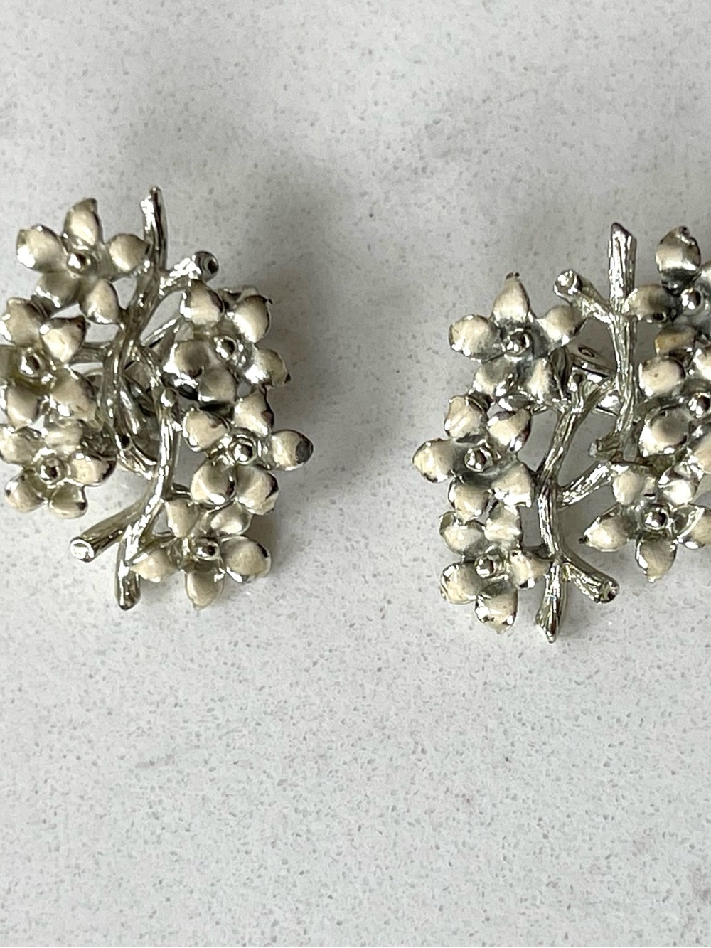 Coro Vintage Silver Tone Floral Enamel Clip-On Earrings—Excellent!
